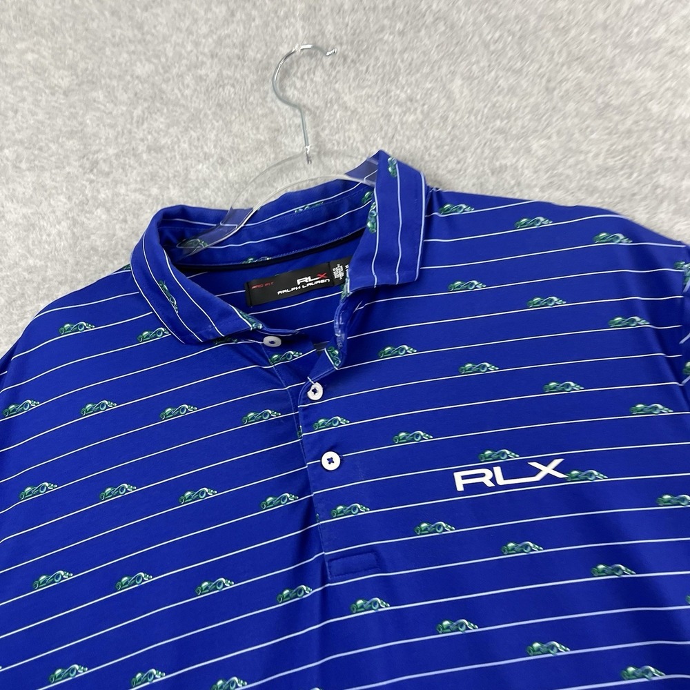 Ralph Lauren RLX Men's Polo Shirt XL Muscle Retro Car Print Blue Striped ‎ EUC